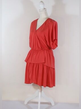 The Vanity Room Coral Red Tiered Wrap Mini Dress NWT